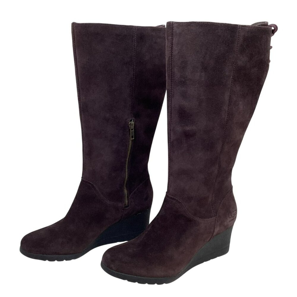 UGG Dawna Knee High Suede Wedge Zip Boots Womens 9 Dark Brown NEW